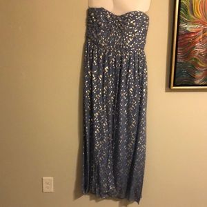 Periwinkle strapless gown w silver gold polka dots